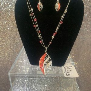 Silver and Orange 3PC Necklace and Earring Set.